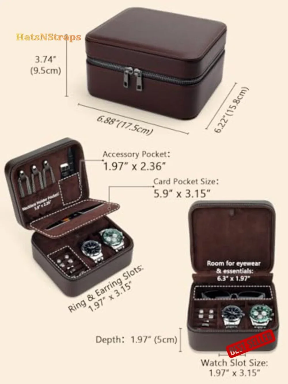 2-Slot Large Travel Watch Case for Men - PU Leather Watch Box with Suede
